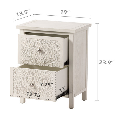 Bungalow Rose Levera Farmhouse FullyAssembled 2Drawer Nightstand, Distressed WhiteWashed End